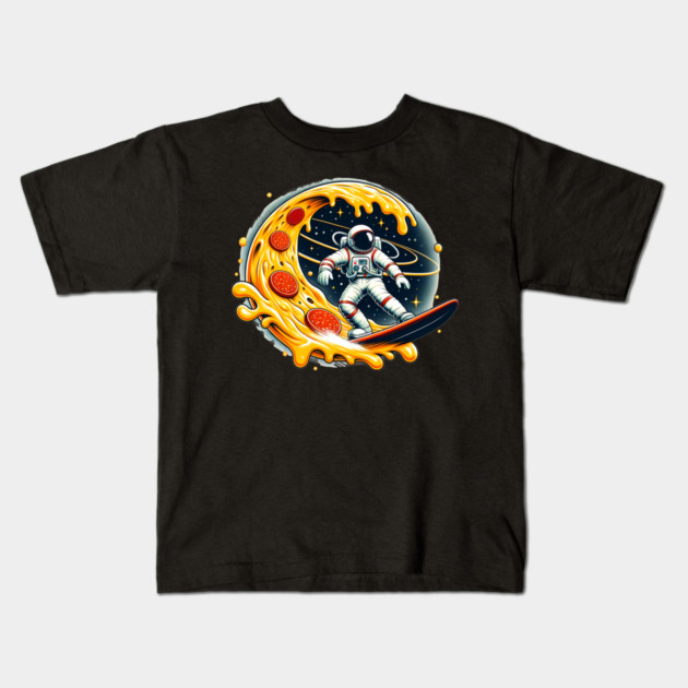 Funny Pizza Lover, Astronaut Surfing in Space Kids T-Shirt by logiamerch