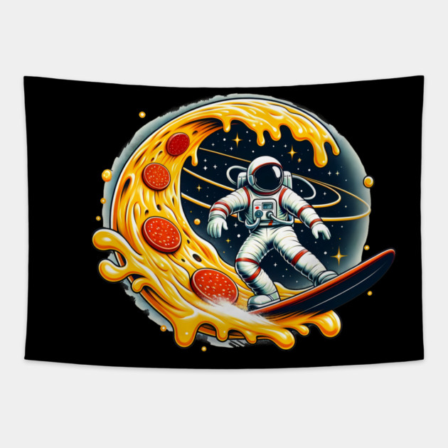 Funny Pizza Lover, Astronaut Surfing in Space Tapestry by logiamerch