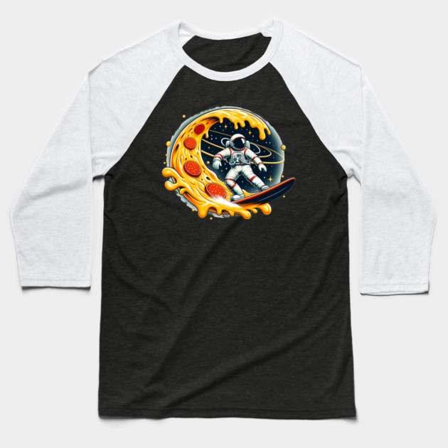 Funny Pizza Lover, Astronaut Surfing in Space Baseball T-Shirt by logiamerch