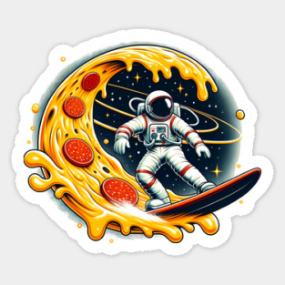 Funny Pizza Lover, Astronaut Surfing in Space Sticker