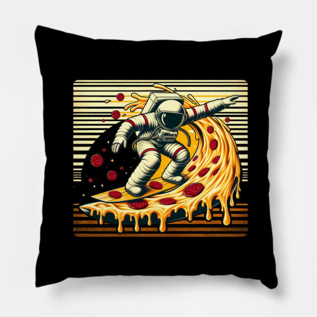 Funny Pizza Lover, Astronaut Surfing in Space Pillow by logiamerch