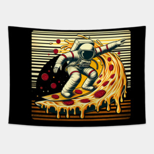 Funny Pizza Lover, Astronaut Surfing in Space Tapestry