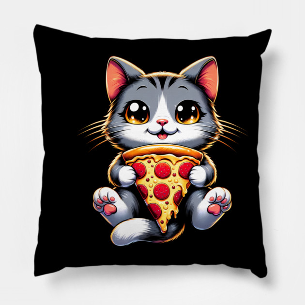 Kawaii Cat Eating Pizza, Funny Pizza Lover Pillow by logiamerch