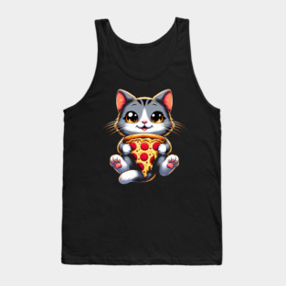 Kawaii Cat Eating Pizza, Funny Pizza Lover Tank Top