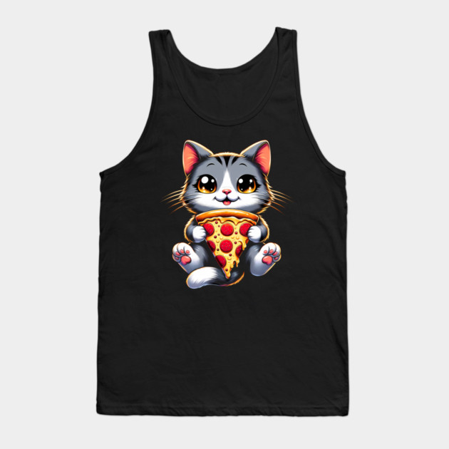 Kawaii Cat Eating Pizza, Funny Pizza Lover Tank Top by logiamerch