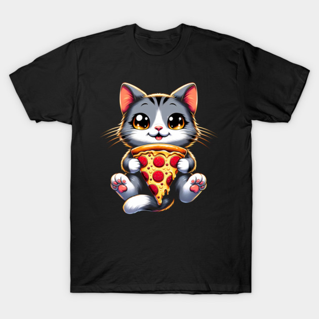 Kawaii Cat Eating Pizza, Funny Pizza Lover T-Shirt by logiamerch