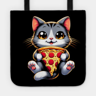 Kawaii Cat Eating Pizza, Funny Pizza Lover Tote