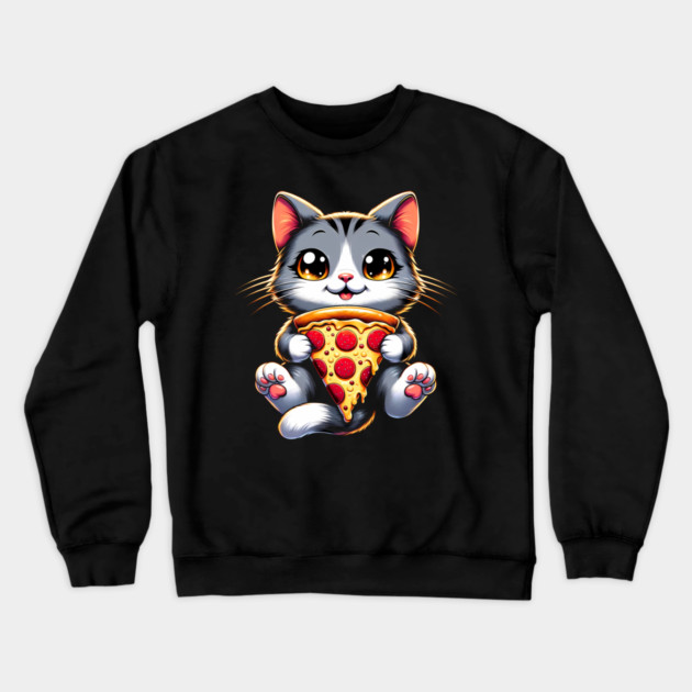 Kawaii Cat Eating Pizza, Funny Pizza Lover Crewneck Sweatshirt by logiamerch