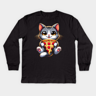 Kawaii Cat Eating Pizza, Funny Pizza Lover Kids Long Sleeve T-Shirt