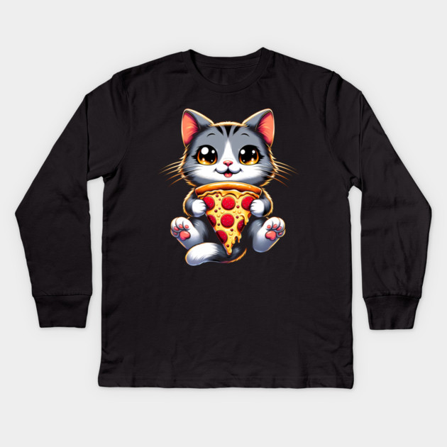 Kawaii Cat Eating Pizza, Funny Pizza Lover Kids Long Sleeve T-Shirt by logiamerch