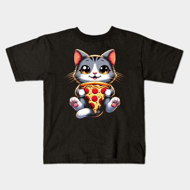 Kawaii Cat Eating Pizza, Funny Pizza Lover Kids T-Shirt by logiamerch
