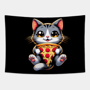 Kawaii Cat Eating Pizza, Funny Pizza Lover Tapestry