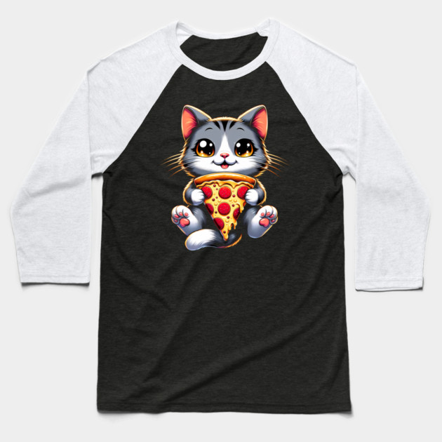Kawaii Cat Eating Pizza, Funny Pizza Lover Baseball T-Shirt by logiamerch