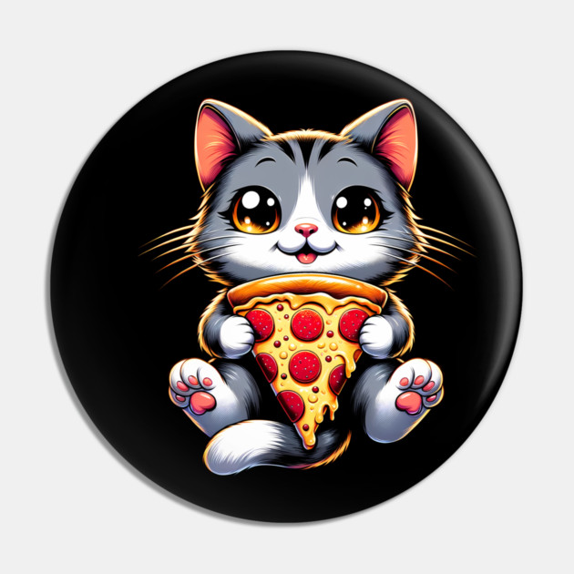 Kawaii Cat Eating Pizza, Funny Pizza Lover Pin by logiamerch