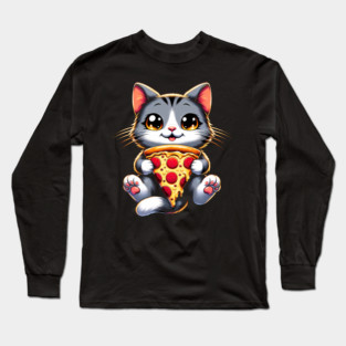 Kawaii Cat Eating Pizza, Funny Pizza Lover Long Sleeve T-Shirt