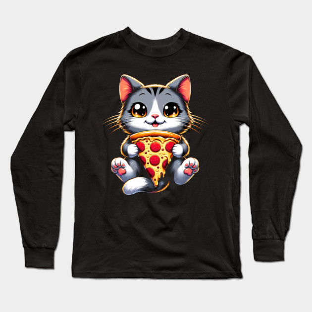 Kawaii Cat Eating Pizza, Funny Pizza Lover Long Sleeve T-Shirt by logiamerch