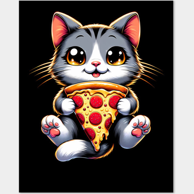 Kawaii Cat Eating Pizza, Funny Pizza Lover Wall Art by logiamerch