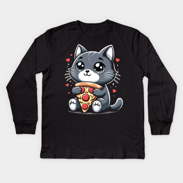 Cat Eating Pizza, Funny Pizza Lover Kids Long Sleeve T-Shirt by logiamerch