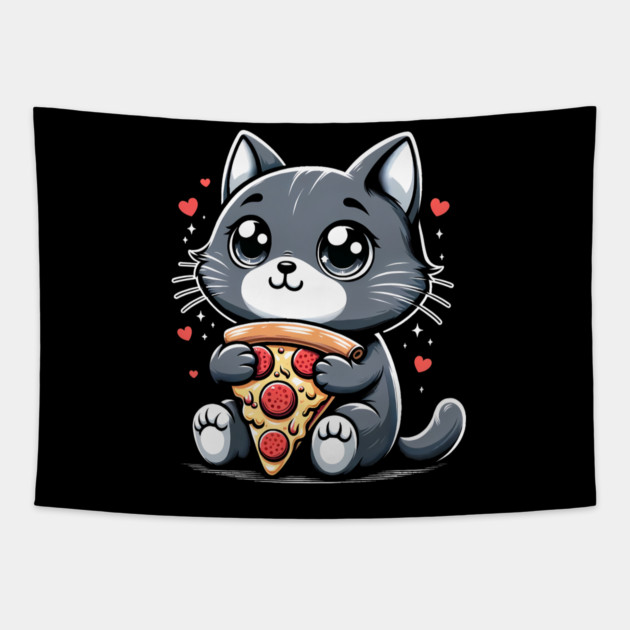 Cat Eating Pizza, Funny Pizza Lover Tapestry by logiamerch