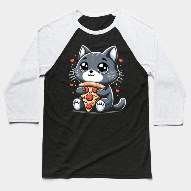 Cat Eating Pizza, Funny Pizza Lover Baseball T-Shirt by logiamerch