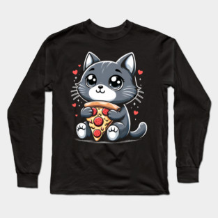 Cat Eating Pizza, Funny Pizza Lover Long Sleeve T-Shirt