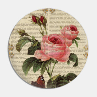 Botanical print, on old book page - Roses Pin