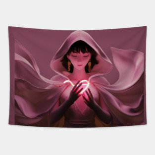 mystery fashion flowing pink robe, hood drawn up Tapestry