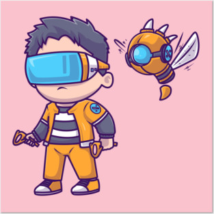 Cute Boy Playing VR Game With Robot Cartoon Posters and Art