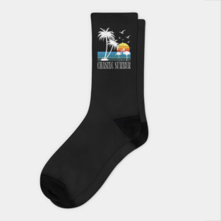 Chasing Summer T-Shirt: Flamingo and Palm Tree Silhouette - Retro Sunset Tee Socks