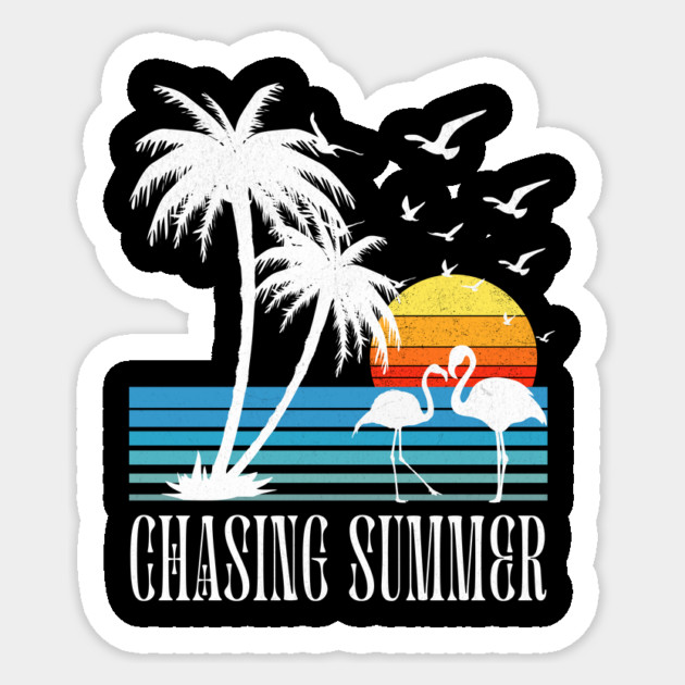 Chasing Summer T-Shirt: Flamingo and Palm Tree Silhouette - Retro Sunset Tee Sticker by Designed By Marty