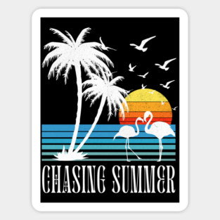 Chasing Summer T-Shirt: Flamingo and Palm Tree Silhouette - Retro Sunset Tee Magnet