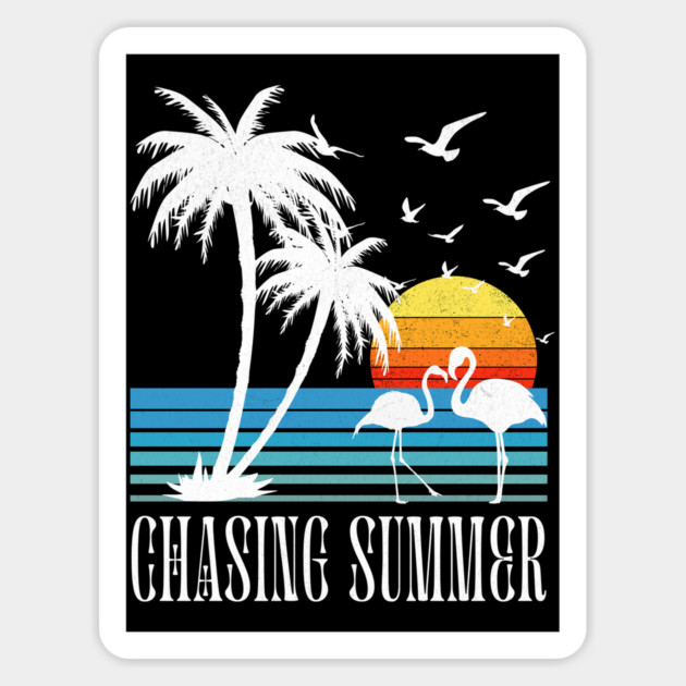 Chasing Summer T-Shirt: Flamingo and Palm Tree Silhouette - Retro Sunset Tee Magnet by Designed By Marty