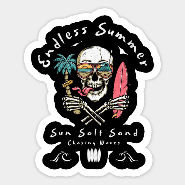 Endless Summer T-Shirt: Skull with Surfboard & Sunglass-Wearing Palm Tree - Surfwear Tee Sticker by Designed By Marty