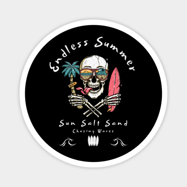 Endless Summer T-Shirt: Skull with Surfboard & Sunglass-Wearing Palm Tree - Surfwear Tee Magnet by Designed By Marty