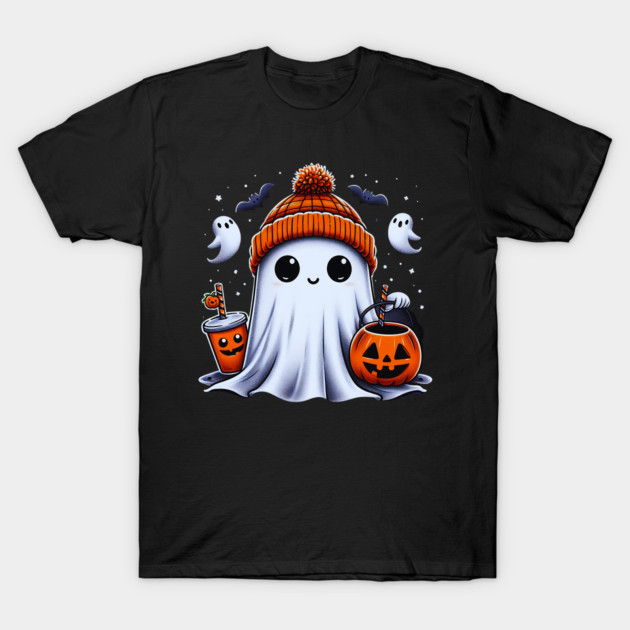 Cute Ghost Drinking Coffee Halloween Ghost Ice Coffee Womens T-Shirt by click2print