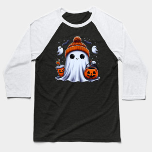 Cute Ghost Drinking Coffee Halloween Ghost Ice Coffee Womens Baseball T-Shirt
