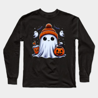 Cute Ghost Drinking Coffee Halloween Ghost Ice Coffee Womens Long Sleeve T-Shirt