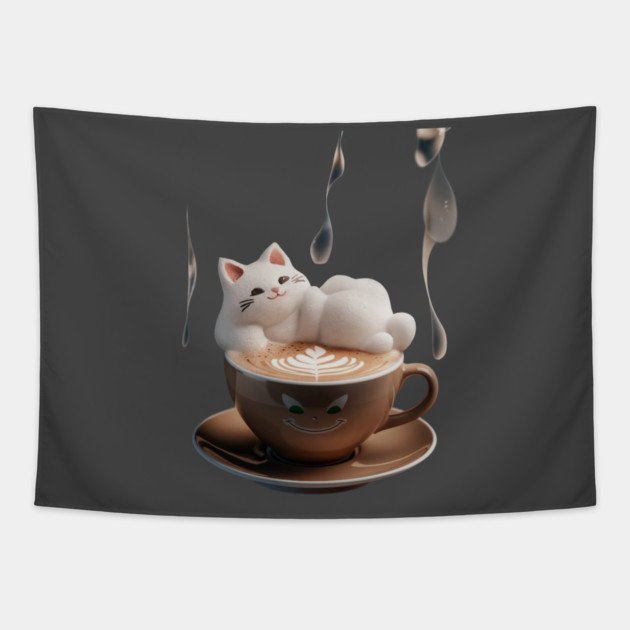 Above the cup the word café  3D latte art features a charming cat with a contented expression Tapestry by animegirlnft