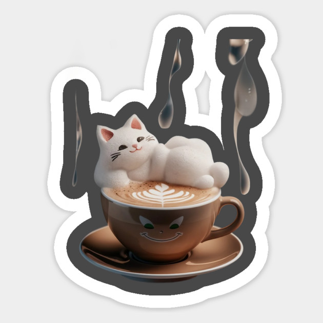 Above the cup the word café  3D latte art features a charming cat with a contented expression Sticker by animegirlnft