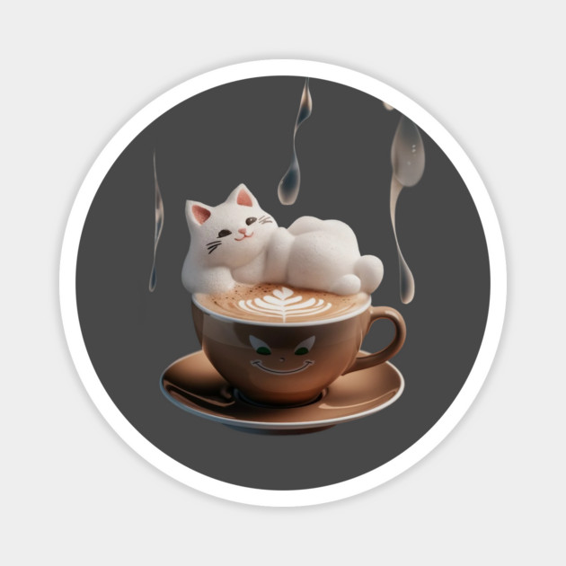 Above the cup the word café  3D latte art features a charming cat with a contented expression Magnet by animegirlnft