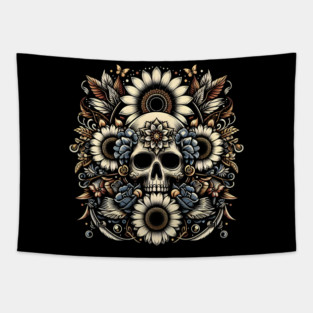 Golden Floral Skull Symphony Tapestry