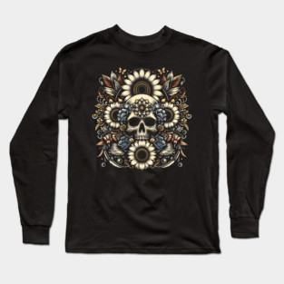 Golden Floral Skull Symphony Long Sleeve T-Shirt