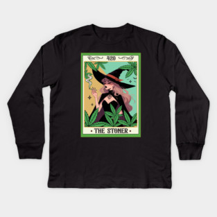 Cannabis Weed Lover Witch Smoking 420 The Stoner Tarot Card Kids Long Sleeve T-Shirt