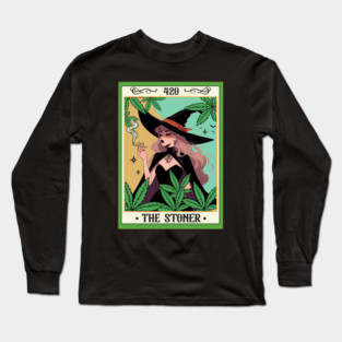 Cannabis Weed Lover Witch Smoking 420 The Stoner Tarot Card Long Sleeve T-Shirt
