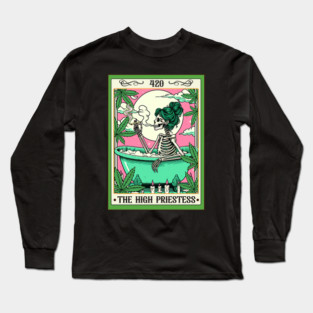 Cannabis Weed Skeleton Smoking The High Priestess Tarot Card Long Sleeve T-Shirt