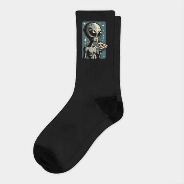 Alien Eating Pizza with UFO Retro Style Socks by logiamerch