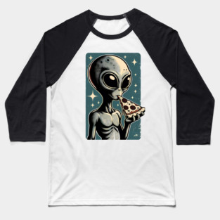Alien Eating Pizza with UFO Retro Style Baseball T-Shirt
