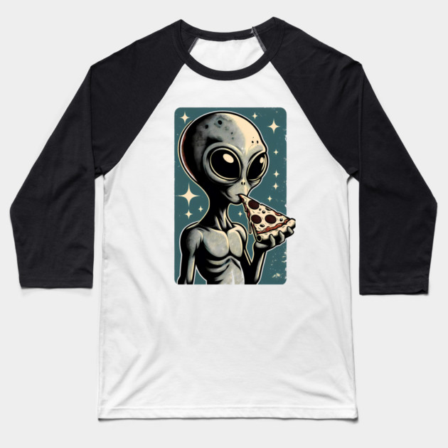 Alien Eating Pizza with UFO Retro Style Baseball T-Shirt by logiamerch