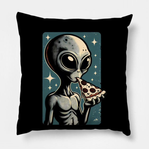 Alien Eating Pizza with UFO Retro Style Pillow by logiamerch