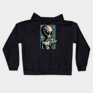 Alien Eating Pizza with UFO Retro Style Kids Hoodie